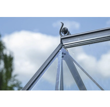 Detailansicht eines Gewächshauses mit Ornament auf dem Dach