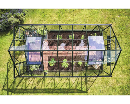 Draufsicht Gewächshaus mit Pflanzen und Fliesenboden im Garten.