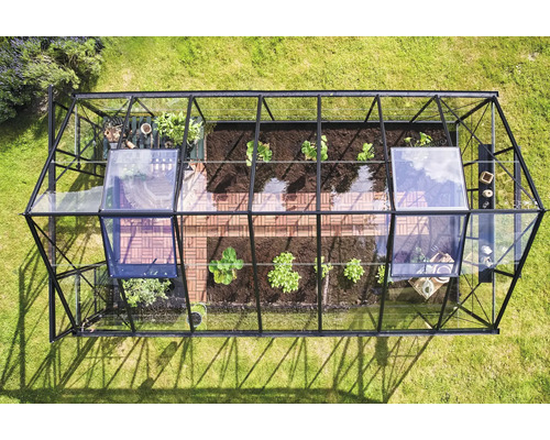 Ansicht von oben eines Gewächshauses mit Pflanzen und Holzboden auf einer Rasenfläche