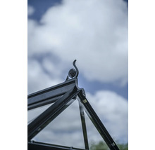 Detailaufnahme des Giebels eines Gewächshauses mit dekorativem Aufsatz