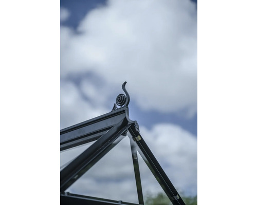 Detailaufnahme des Giebels eines Gewächshauses mit dekorativem Aufsatz