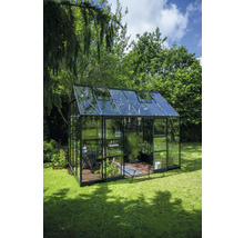 Gewächshaus mit Glaswänden und Pflanzen im Garten.