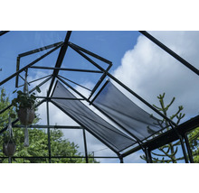 Innenansicht eines Gewächshauses mit Beschattungssystem und hängenden Pflanzen