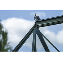 Detailaufnahme eines Gewächshauses mit dekorativem Dachaufsatz vor blauem Himmel