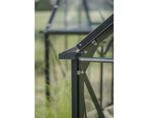 Detailansicht eines Gewächshauses mit Rahmen und Verglasung.