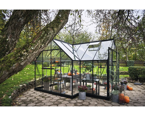 Gewächshaus im Garten mit Pflanzen und Kürbissen auf Tischen und Regalen.