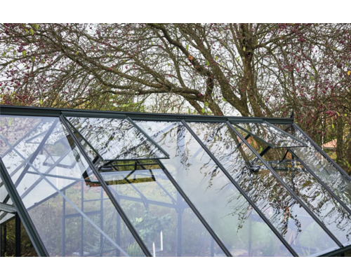 Nahaufnahme eines Gewächshauses mit geöffneten Fenstern