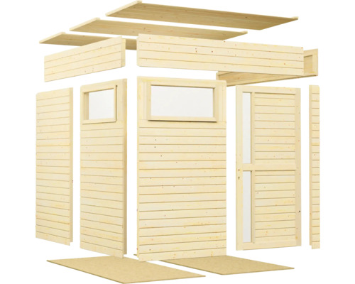 Einzelteile eines Gartenhauses aus Holz mit Fenstern und Tür