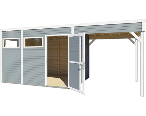 Holzgartenhaus mit zwei Fenstern und offener Doppeltür