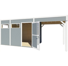 Holzgartenhaus mit Fenstern und offener Tür