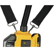 Aufsicht auf einen gelben Staubsauger mit HEPA Filter, einem schwarzen Schlauch und zwei schwarzen Schultergurten
