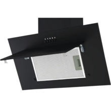 Schwarze Dunstabzugshaube mit geöffneter Abdeckung und Metallfilter