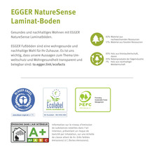 Informationen zu EGGER NatureSense Laminatböden, einschließlich Materialzusammensetzung, Umweltzeichen Blauer Engel und EU Ecolabel sowie PEFC Siegel für nachhaltige Waldbewirtschaftung und Emissionsklasse A+