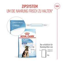 Royal Canin Logo. Verpackung für Welpenfutter mit Zippverschluss für maximale Rassehunde von 2 bis 15 Monaten