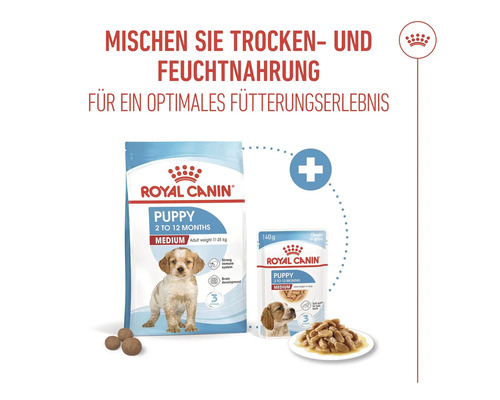 Royal Canin Logo. Packung Hunde Trockenfutter und Feuchtnahrung für Welpen der Größe Medium