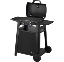 Schwarzer Gasgrill mit zwei Brennern, Seitentischen und Rollen