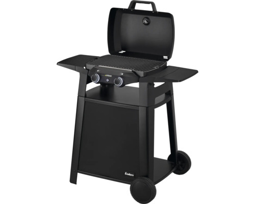 Schwarzer Gasgrill mit zwei Brennern, Seitentischen und Rollen