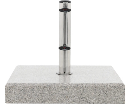 Doppler Logo auf einem Sonnenschirmständer aus Granit mit Metalleinsatz.
