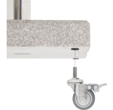 Mobiles Tischbein mit Feststellbremse unter einer Tischplatte