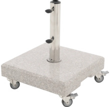 Quadratischer Sonnenschirmständer mit Rollen und einem Edelstahlrohr zur Schirmbefestigung.