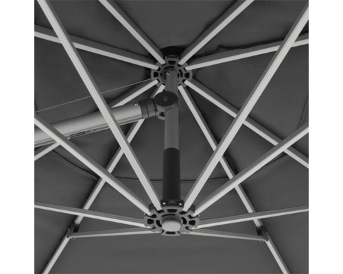 Detailansicht eines geöffneten Sonnenschirms mit Fokus auf das Gestell und die Mechanik