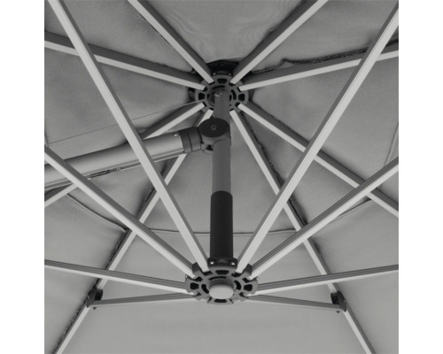 Detailansicht von der Unterseite eines Sonnenschirms mit Streben und Mittelstange