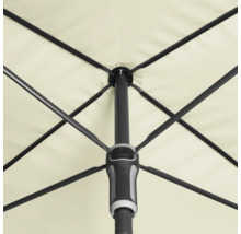 Detailaufnahme eines Gartenschirms von unten, der die Streben und den Mast zeigt
