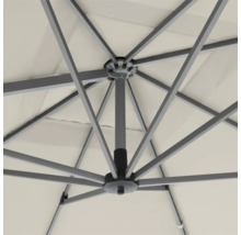 Innenansicht eines Sonnenschirms mit Metallgestell und Stoffbespannung.