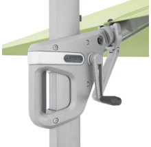 Doppler Logo an einem Sonnenschirm mit Handkurbel