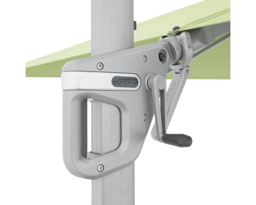 Doppler Logo an einem Sonnenschirm mit Handkurbel