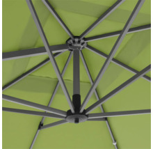 Detailaufnahme der Unterseite eines Sonnenschirms mit Metallgestell und Stoffbespannung