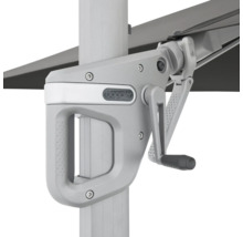 Detailaufnahme eines Sonnenschirms mit Kurbelmechanismus und Doppler Logo.