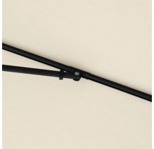 Detailaufnahme eines Sonnenschirms mit schwarzem Gestell und hellen Bezug