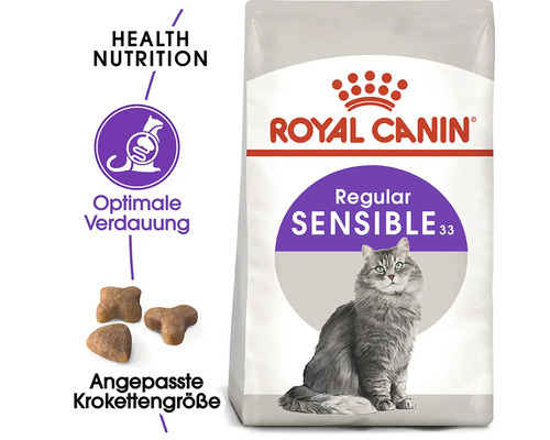 Royal Canin Regular Sensible 33 Katzenfutter Verpackung für optimale Verdauung und angepasste Krokettengröße