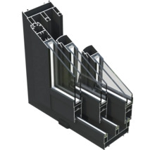 Schnittdarstellung eines Fensters mit Dreifachverglasung und Aluminiumrahmen