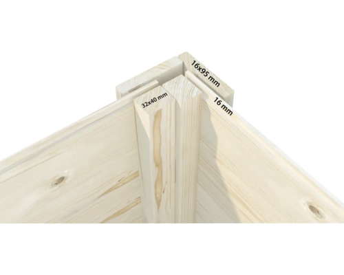 Eckverbindung aus Holz mit den Maßen 16x95 mm und 32x40 mm