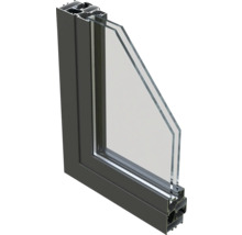 Querschnitt eines Fensters mit Aluminiumrahmen und Doppelverglasung.