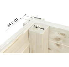 Detailansicht einer Holzecke mit den Maßen 44 mm, 19x95 mm und 70x70 mm.