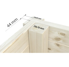 Detailansicht einer Holzecke mit den Maßen 44 mm, 19 x 95 mm und 70 x 70 mm