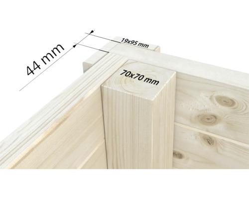 Detailansicht einer Holzecke mit den Maßen 44 mm, 19 x 95 mm und 70 x 70 mm.