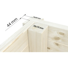 Detailansicht einer Holzecke mit Maßangaben: 44 mm, 19 x 95 mm und 70 x 70 mm.