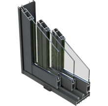 Schnittansicht eines Fensters mit Mehrfachverglasung und Rahmen