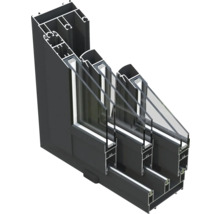 Schnittansicht eines Fensters mit Dreifachverglasung und Rahmenprofil.