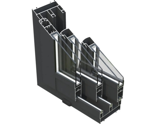 Schnittansicht eines Fensters mit Dreifachverglasung und Rahmenprofil.