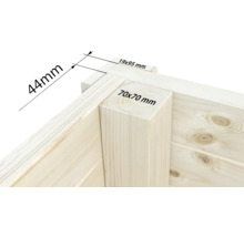 Detailansicht einer Holzecke mit Maßangaben 44 mm, 19 mm mal 95 mm und 70 mm mal 70 mm