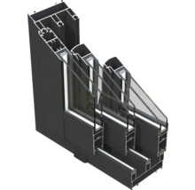 Querschnitt eines schwarzen Aluminiumfensters mit Dreifachverglasung