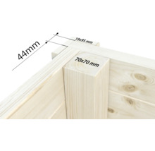 Detailansicht eines Holzhauses mit Maßangaben: 44 mm Wandstärke, 19 x 95 mm Dachbrett und 70 x 70 mm Eckpfosten.