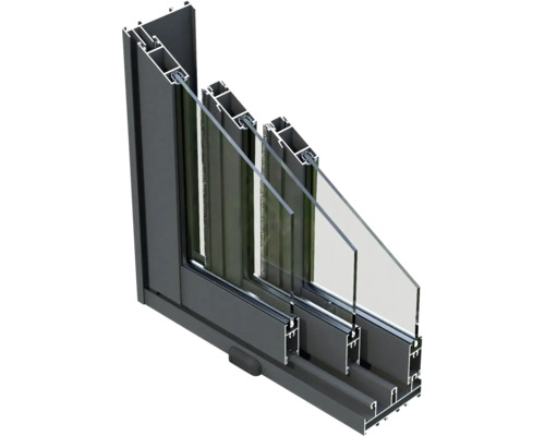 Schnittansicht eines Fensters mit Rahmen und dreifacher Verglasung