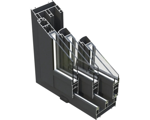 Schnittdarstellung eines schwarzen Aluminiumfensters mit Dreifachverglasung