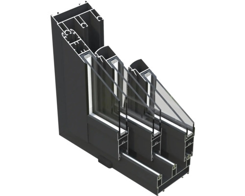 Querschnitt eines Fensters mit Dreifachverglasung und Rahmen